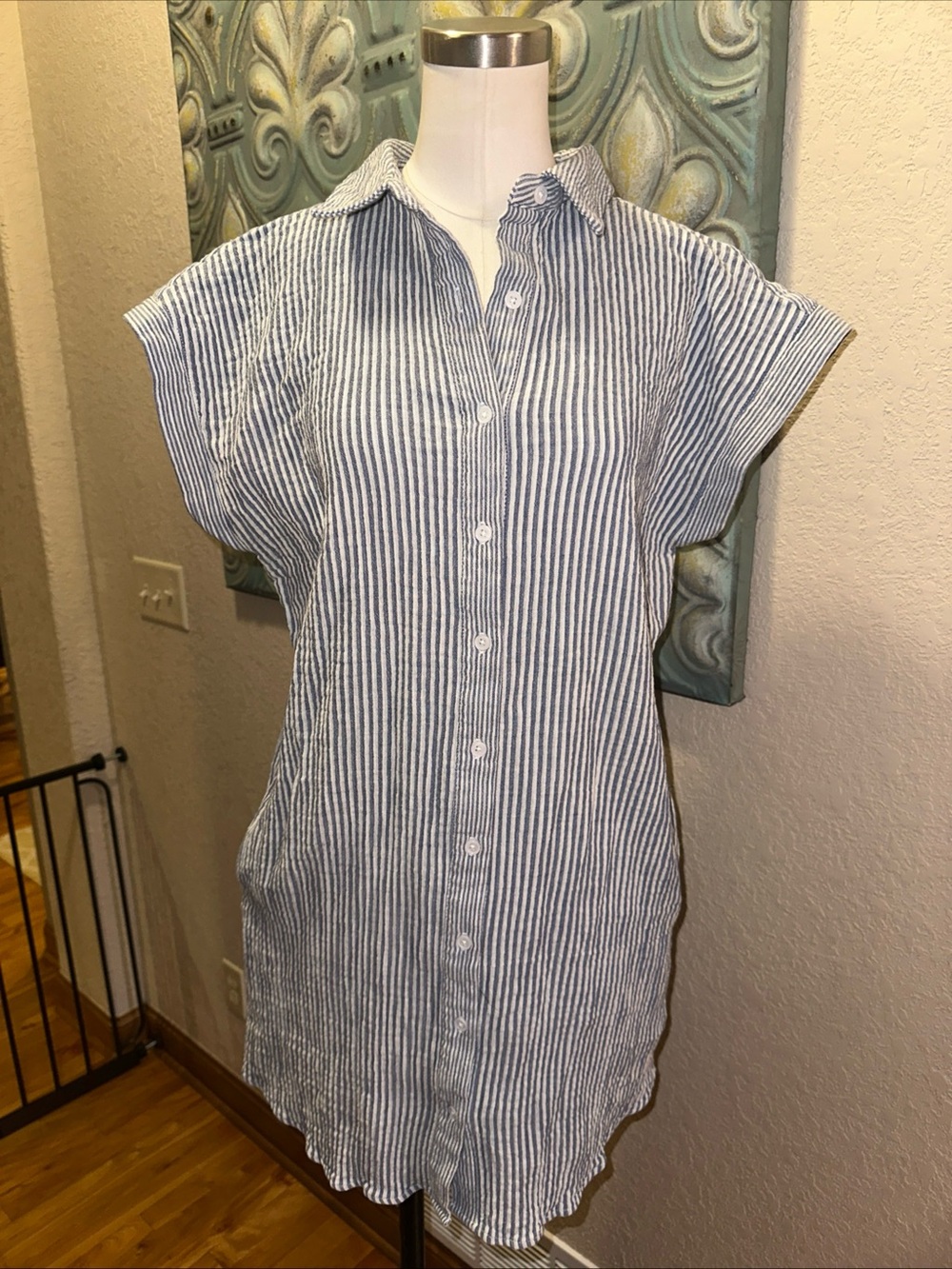 Thread & Supply Womens Medium Blue Stripe Cotton Button Down Shirt Dress Tunic